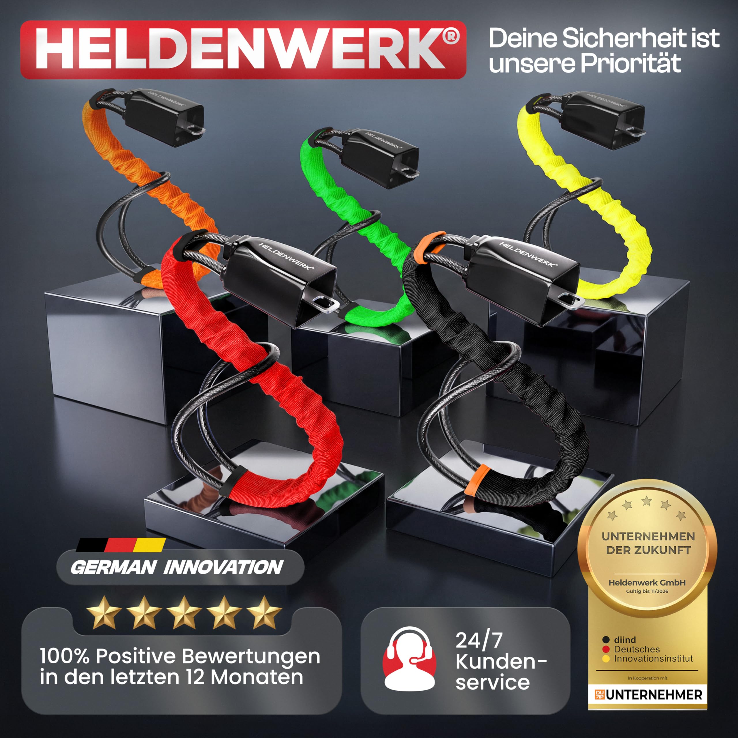 HELDENWERK® Lenkradkralle für Auto & Wohnmobil aus Metall - Universelle Passform - Lenkradschloss mit dickem Stahlseil - Wegfahrsperre Diebstahlsicherung mit 3 Sicherheitsschlüsseln (Gelb)