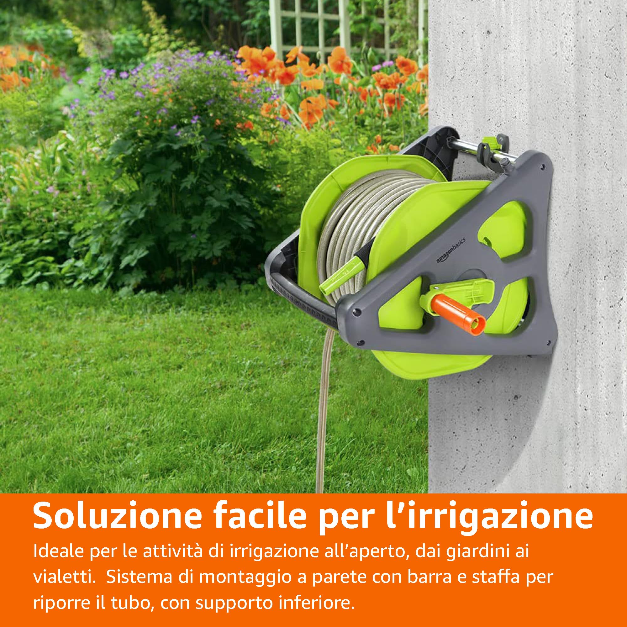 Amazon Basics Avvolgitubo da parete con tubo da 30 m, Verde/Grigio