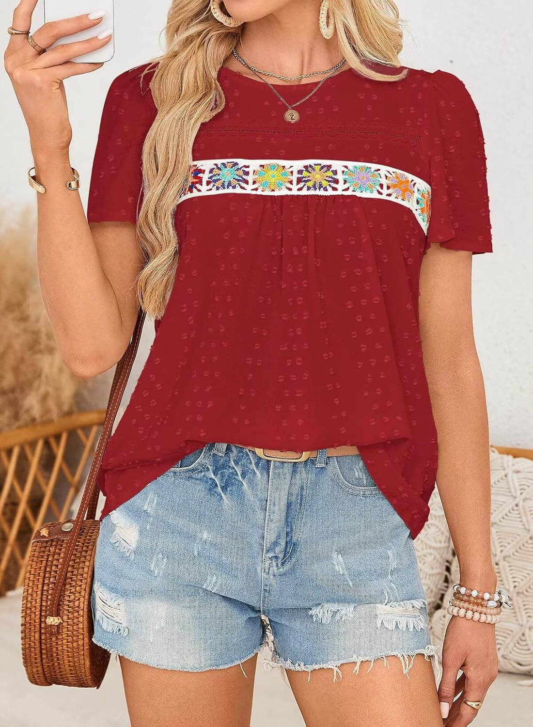 Womens Summer Tops Boho Crewneck Short Sleeve Shirts Floral Crochet Chiffon Blouses Flowy Casual Swiss Dot Clothing - Image 6