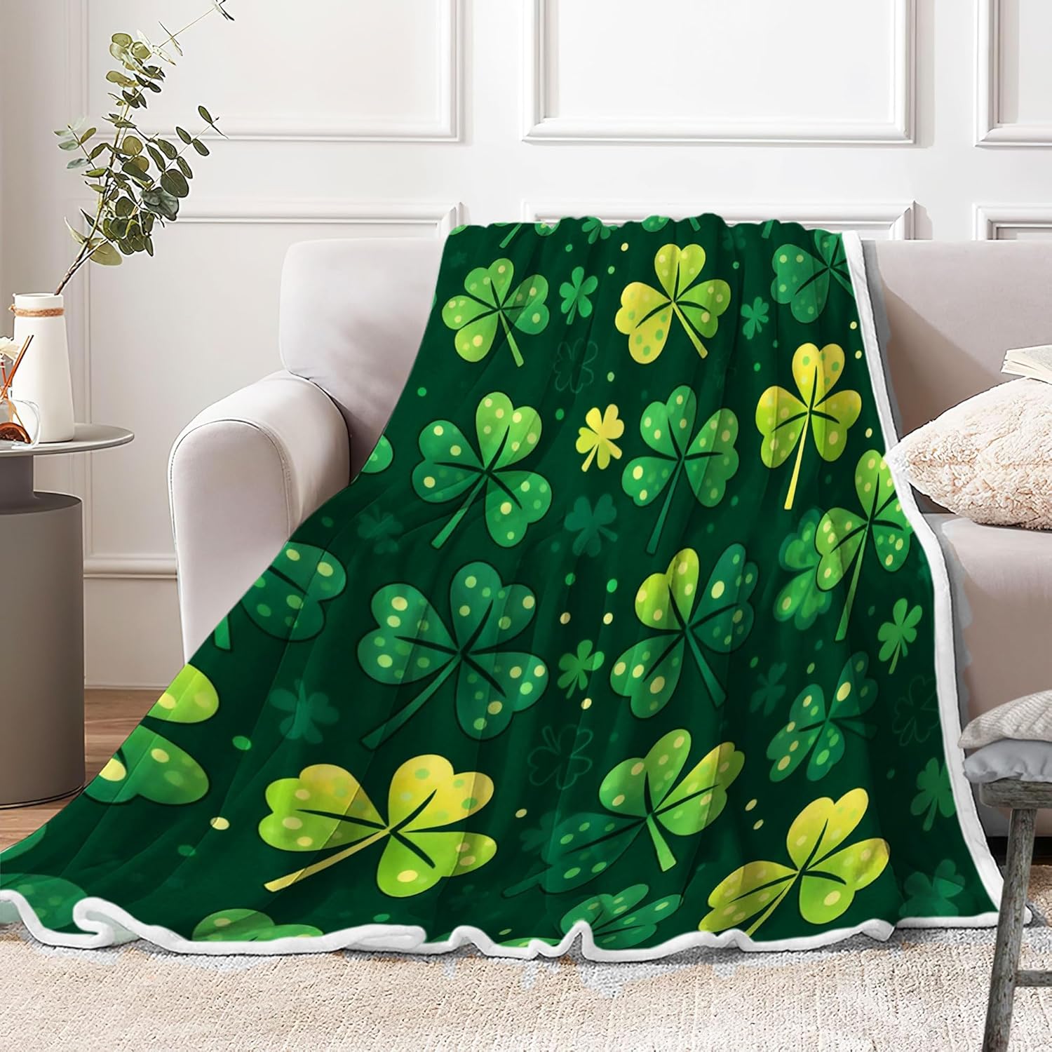 St. Patricks Day Throw Blanket Sherpa Flannel Fleece Blanket, St. Patrick's Day Green Shamrocks Clovers Pattern Bed Blanket, Irish Soft Cozy Blankets Warm Throw Blanket for Couch 50X60in - Image 3