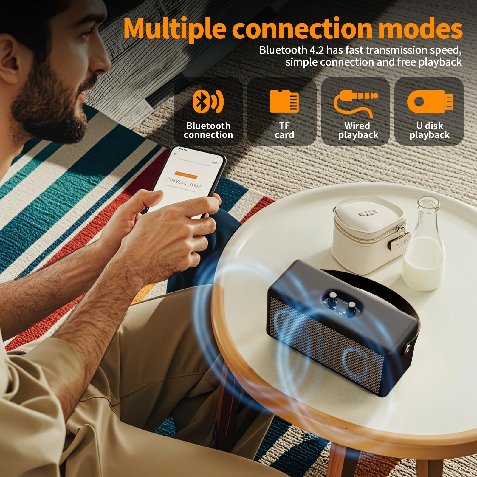 Cassa Bluetooth Retrò con Manico in Pelle | Stile retrò, bassi profondi, manopole, ideale per casa, viaggi e feste