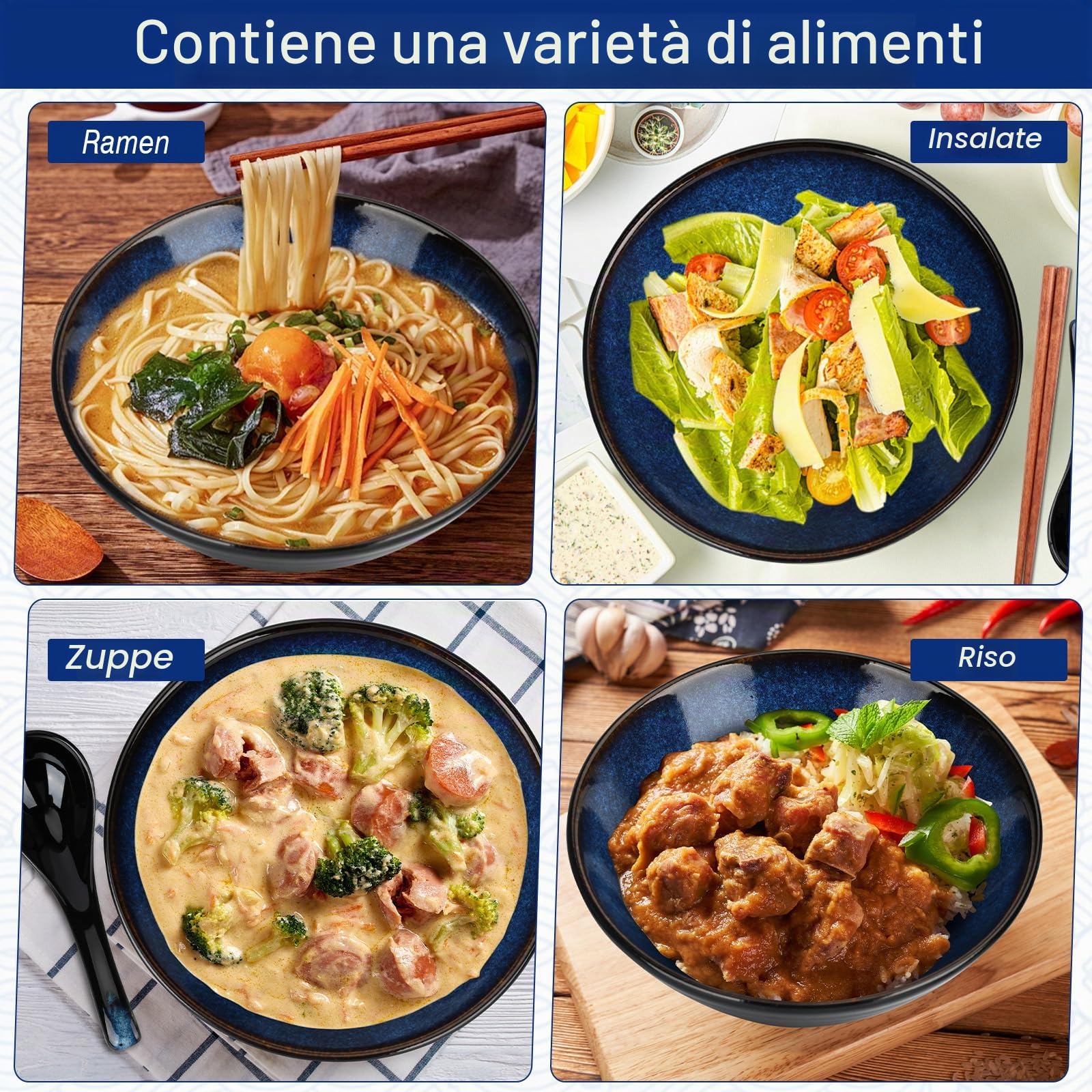 Set di 2 Ciotola Ramen Giapponesi da 1200 ml, con Bacchette e Cucchiai, Ciotole Ramen Bowl in Ceramica, Regalo Creativo Ciotola per Ramen, Insalata di Frutta, Verdura, per Forno a Microonde (Blu)