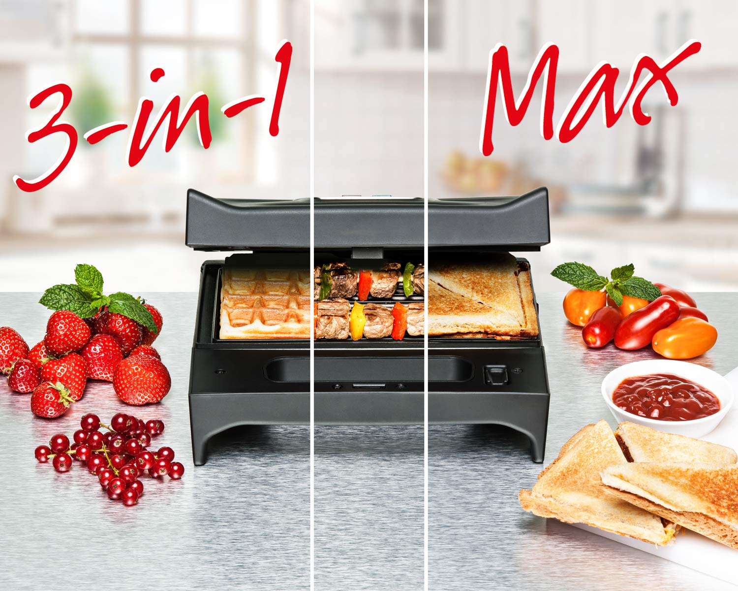 ROMMELSBACHER Multi Toast & Grill SWG 700 'Max' - 3 antihaftbeschichtete Wechselplatten für Sandwiches, Belgische Waffeln, Gegrilltes, 700 Watt, schwarz/edelstahl