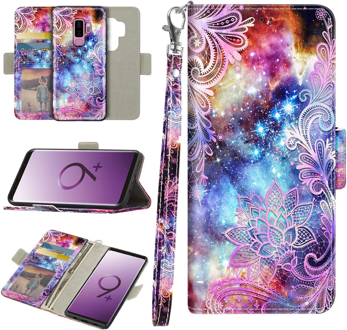 Casetego for Galaxy S9 Plus Case,Detachable Magnetic Wallet Case PU Leather Full Body Protective Case with Credit Card Holders, Wrist Strap for Samsung Galaxy S9 Plus,Purple Mandala