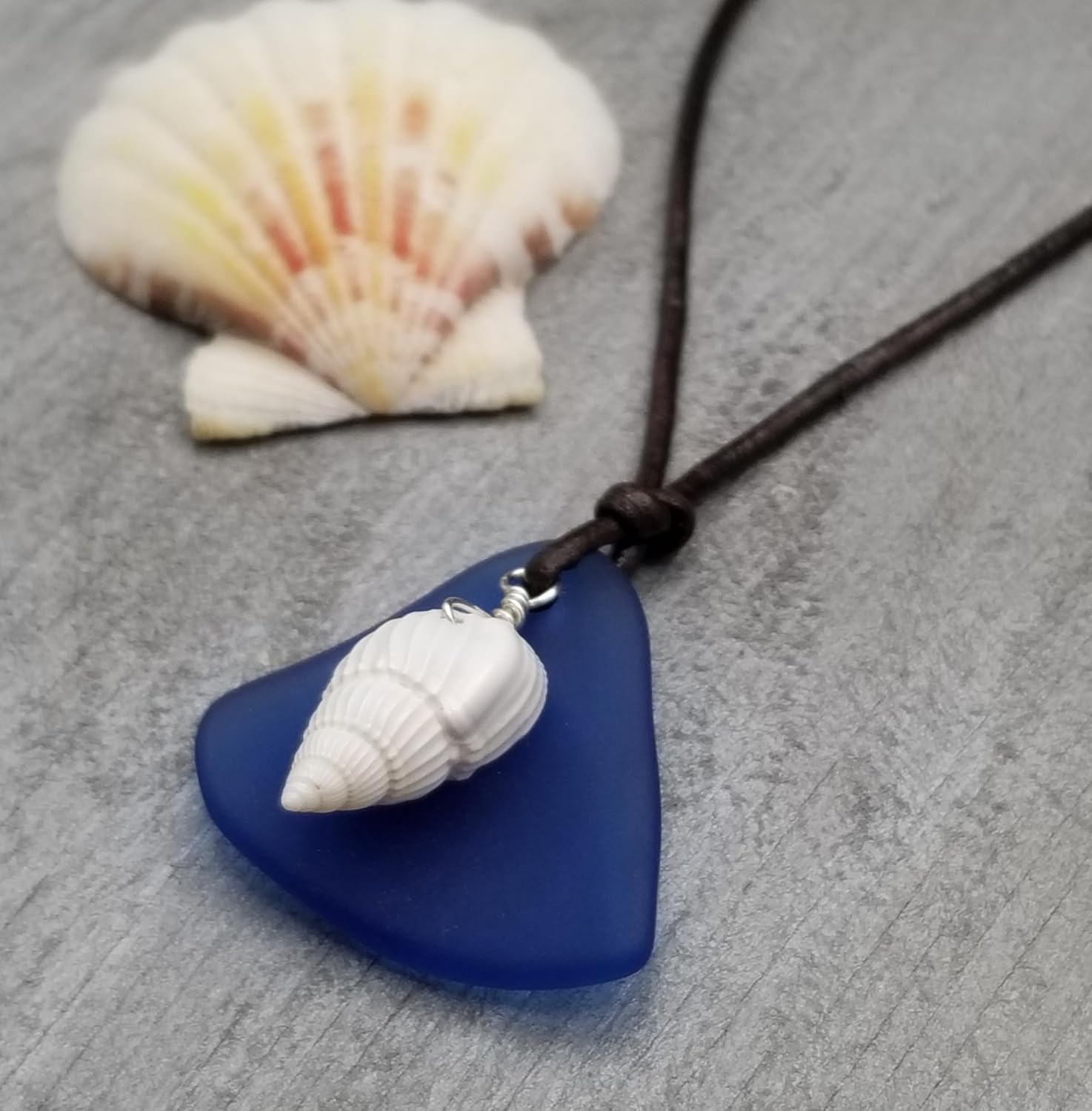 Handmade leather cord unisex Cobalt sea glass necklace, Natural Sea Shell, September Birthstone, Unique Gift For Men or Women (Hawaii Gift Wrapped