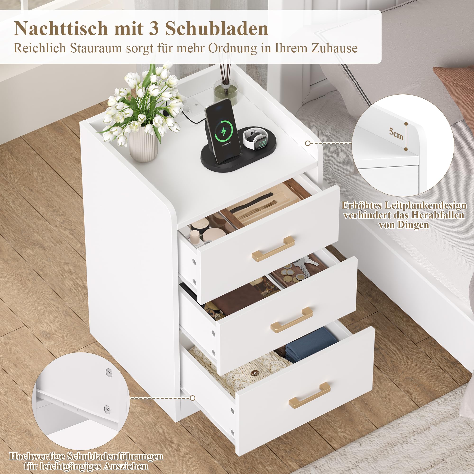 FirFurd Nachttisch Nachtschrank mit Steckdosenleiste & 3 Schubladen | Beistelltisch mit 2 AC-Steckdosen, 2 USB-Anschlüsse, 1,5 m Netzkabel, für Schlafzimmer Wohnzimmer Büro, 40x38x66cm, weiß