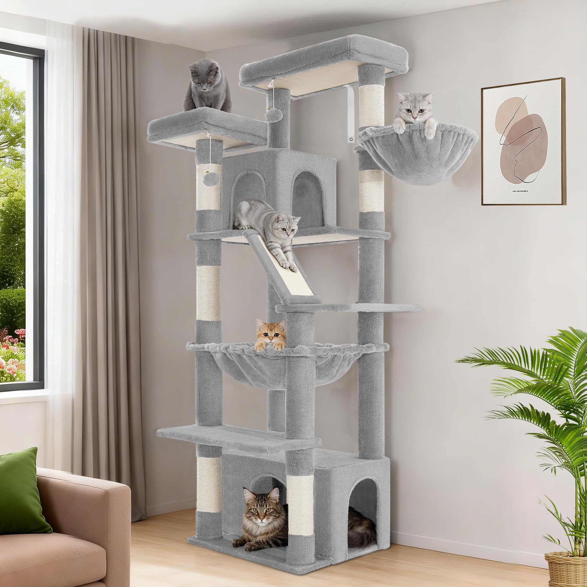 Hzuaneri Large Cat Tree, 183 cm Tall Cat Tower for Indoor Cats Large Cats, Corner Climbing Tower with 6 Sisal Scratching Posts, 2 Large Platforms, 2 Caves, Hammocks, Stairs, Light Gray MS18318LG