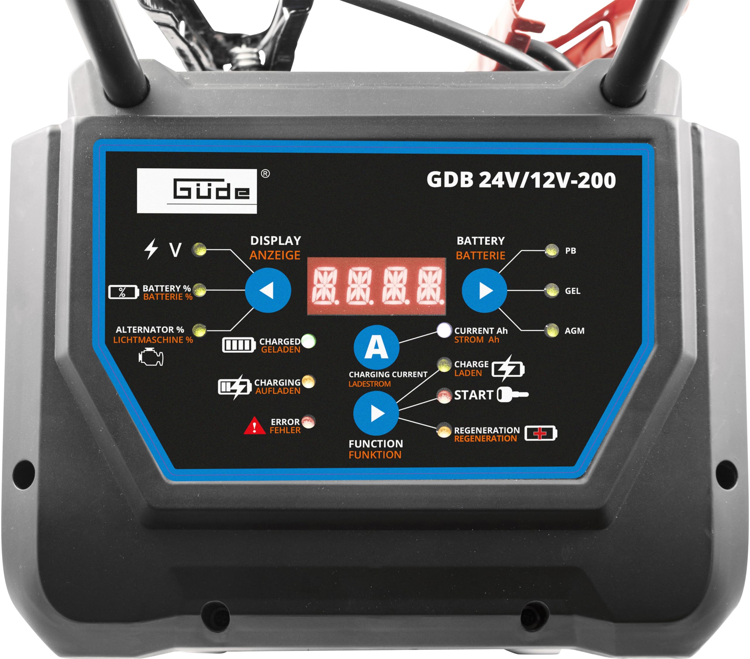 Güde Cargador de batería Digital GDB 24 V/12 V-200 (230 V, 6000 W de Potencia de Red, Voltaje de Salida de 12/24 V, para baterías de 20 – 450 Ah, LED, diagnóstico, Rescate, función de Carga y