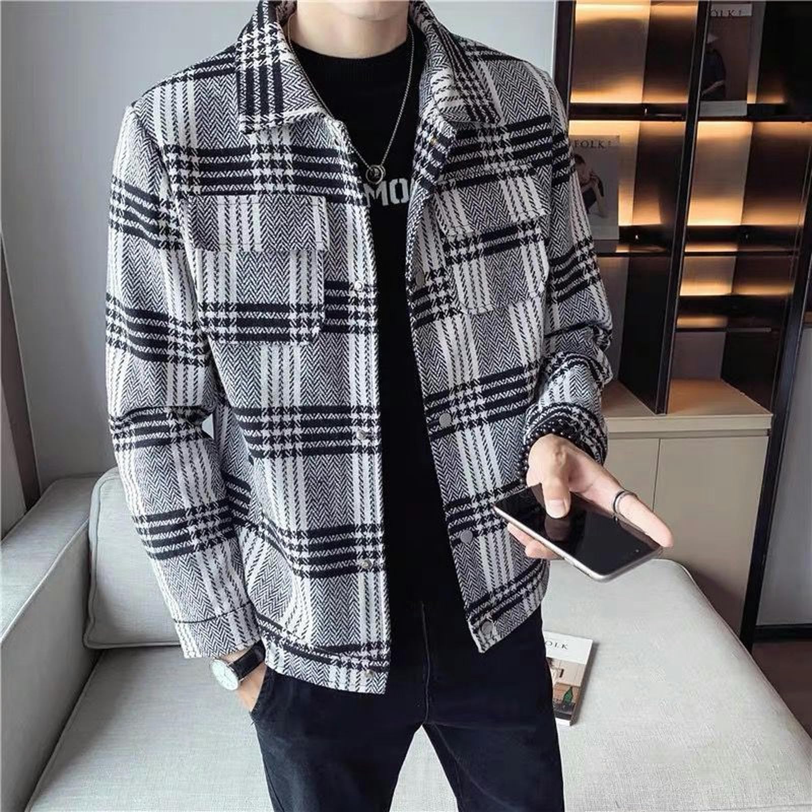 Veste en laine à carreaux pour hommes, manteau court et épais, slim et beau, automne et hiver