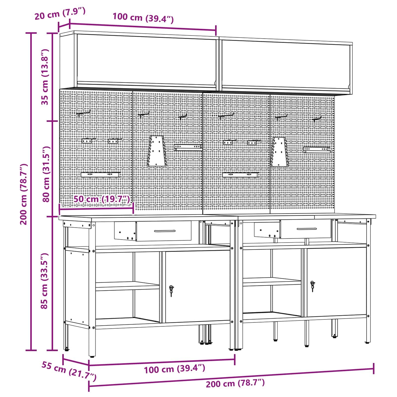 vidaXL Ensemble d'établi 8 pcs Noir et Gris Acier Enduit de Poudre, Organisation d'atelier, Banc de Travail rectangulaire, étagères Solides, Surface réglable, Solutions de Rangement d'outils