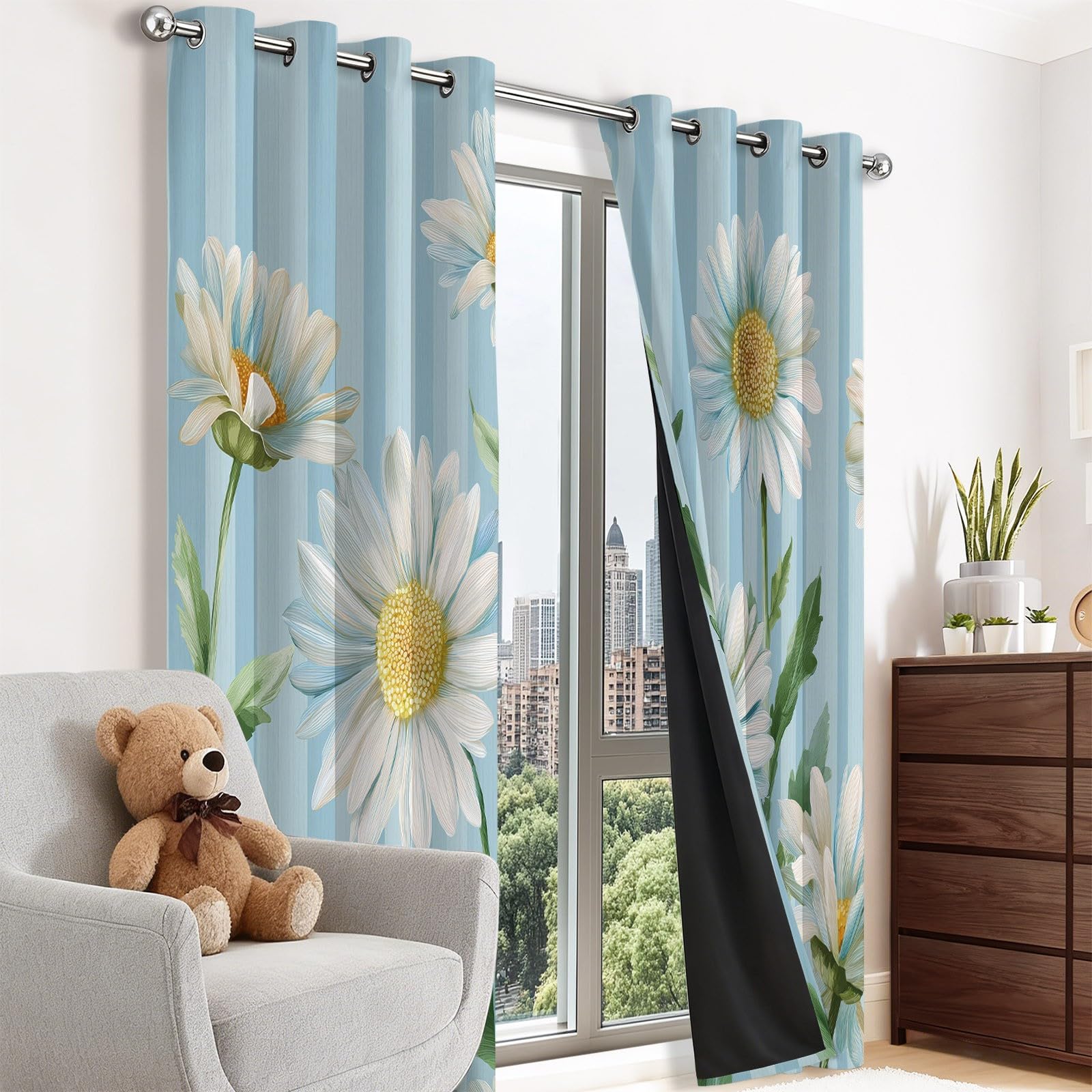 Verdunkelungsvorhänge B75 x H166 cm 2 Paneele, Geräuschreduzierung & Wärmeisolierung Klassisch Gestreift Elegant Floral Gänseblümchen Vorhänge Blickdicht für Schlafzimmer Wohnzimmer Kinderzimmer, Blau
