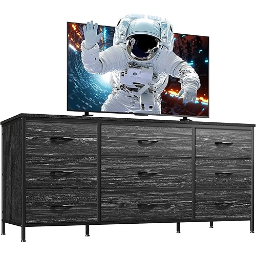 EnHomee Dresser TV Stand with 9 Drawers for 60'' TV Stand for Bedroom Long Dresser for Bedroom Fabric Dressers & Chests of Drawers, Sturdy Metal Frame & Wood Top, Living Room, Closet, Charcoal Black