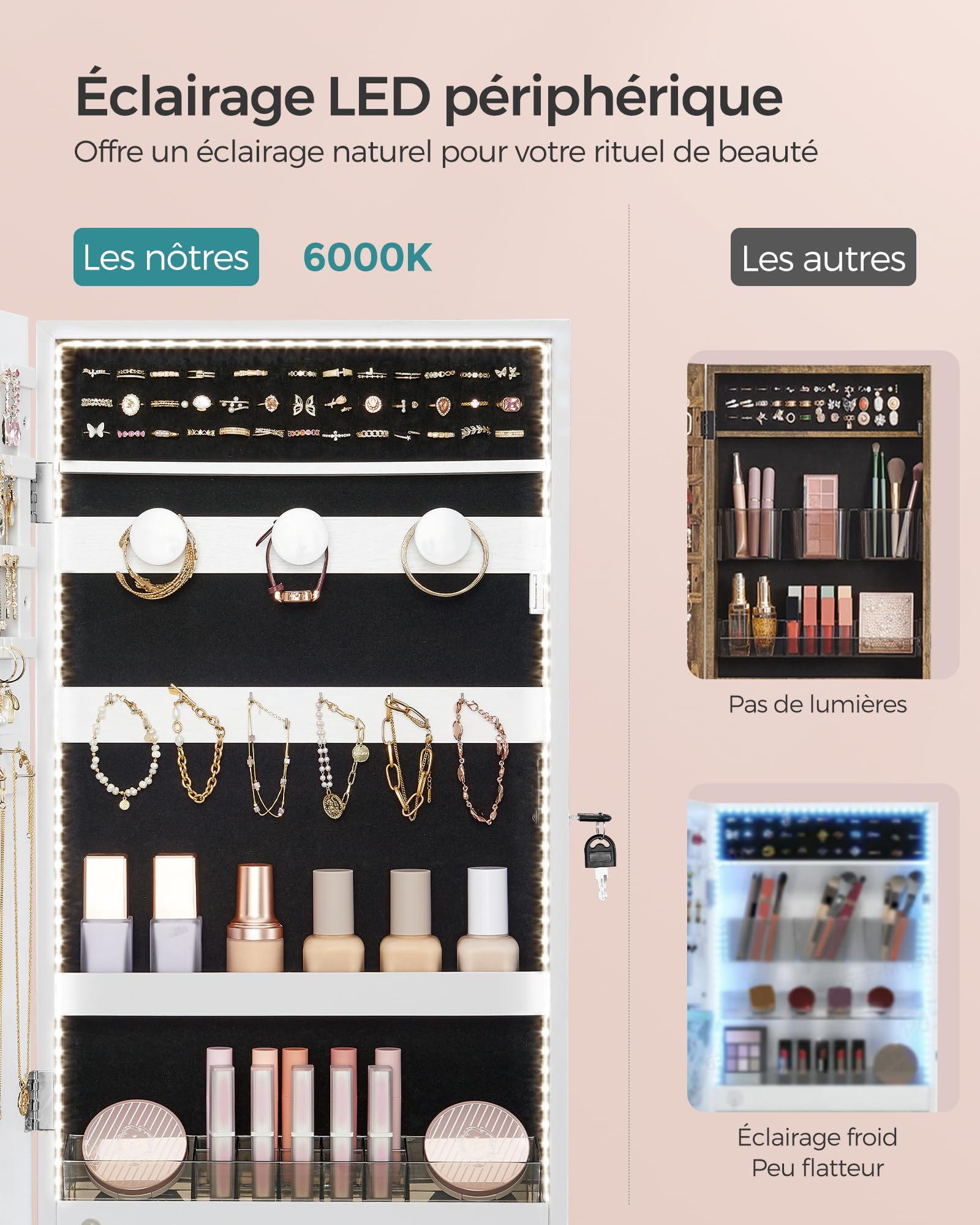SONGMICS Armoire à Bijoux Miroir avec Éclairage LED Intégré, Rangement pour Bijoux Mural ou à Suspendre sur Une Porte, Armoire Miroir Suspendue 9,7 x 37 x 67 cm, Blanc JJC050W01