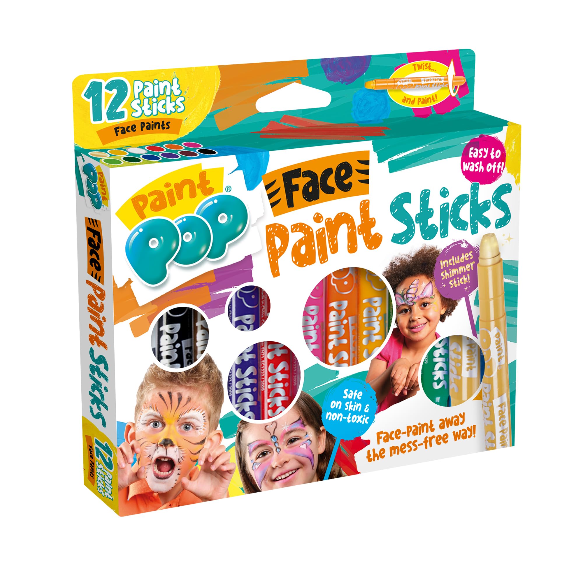 Paint Pop - Paint Sticks For Kids - 12 Pack Face Paints Assorted Colours - Twist & Paint, Mess-Free, Fast Drying Action, Easy Clean Up, Vibrant Colours