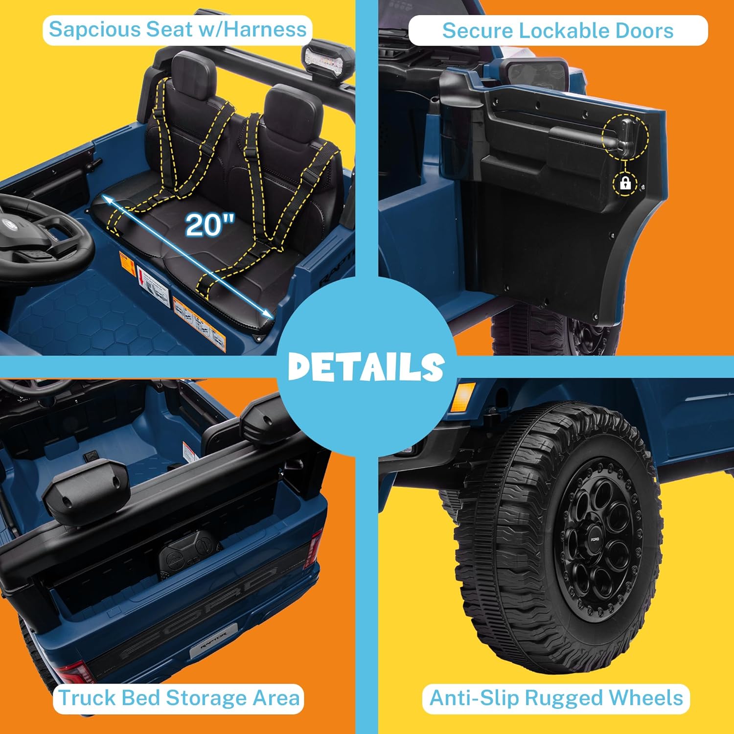 ENYOPRO 2 Seater Ride on Car for Boys, 24V Licensed Ford F-150 Raptor Kids Electric Vehicle with Remote Control, Kids Ride on Truck w/20 Spacious Seat, Truck Bed Storage, Bluetooth (Blue)