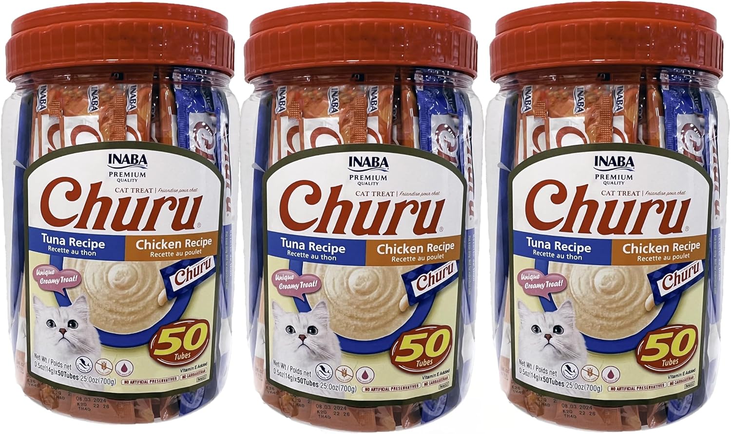 INABA Churu Cat Treats, Grain-Free, Lickable, Squeezable Creamy Purée Cat Treat/Topper, (50 Count Pack of 3) (150 Tubes Total)