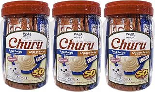 INABA Churu Lickable Grain-Free Purée Cat Treats, (75 Tuna and 75 Chicken) | Grain-Free, Lickable, Squeezable Creamy Purée, Treat/Topper