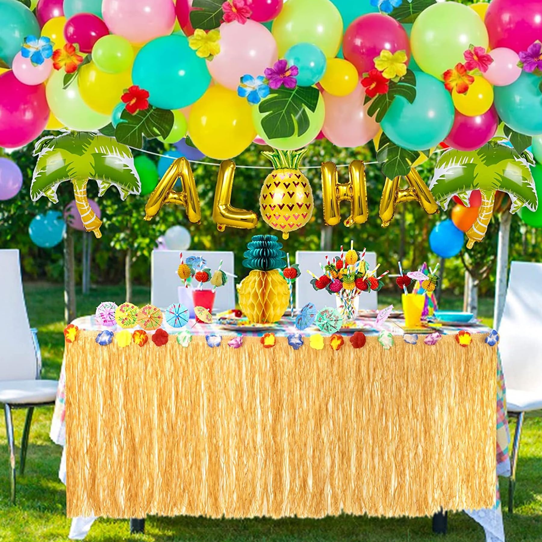 Hawaiian Party Decorations Set with Ballon,Hawaiian Grass Table Skirt, Palm  Leaves, Hawaiian Flowers,Paper Pineapples,Flower Banners for Hawaiian Themed  Beach Summer Tropical Party – BigaMart, image size:1800x1800