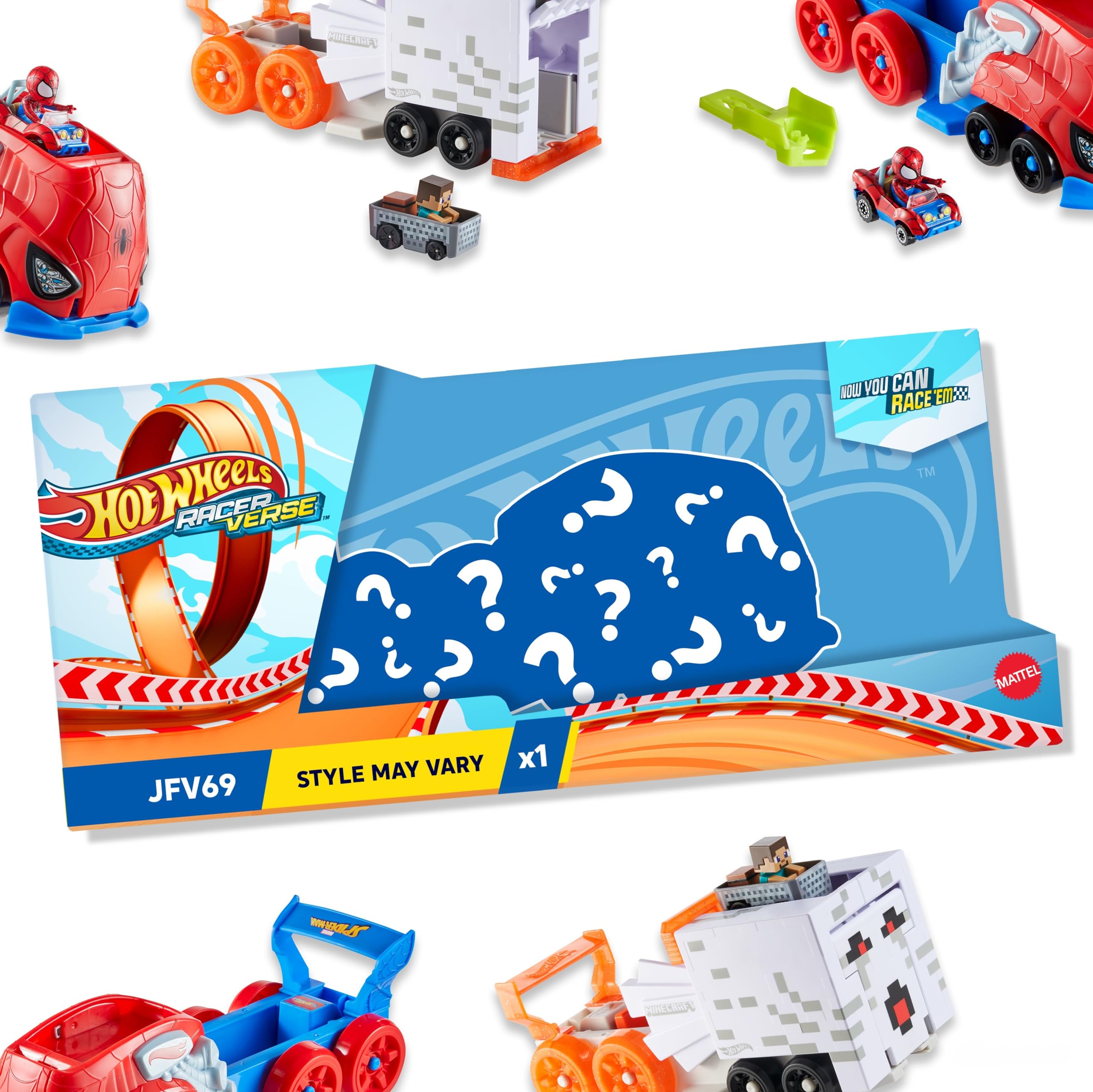 Hot Wheels Spielezeuauto-Trackset (verschiedene Modelle, zufälliges Set), RacerVerse Filmfigur-Starter, großes Fahrzeug und Transporter mit Die-Cast-Spielzeugauto, JFV69