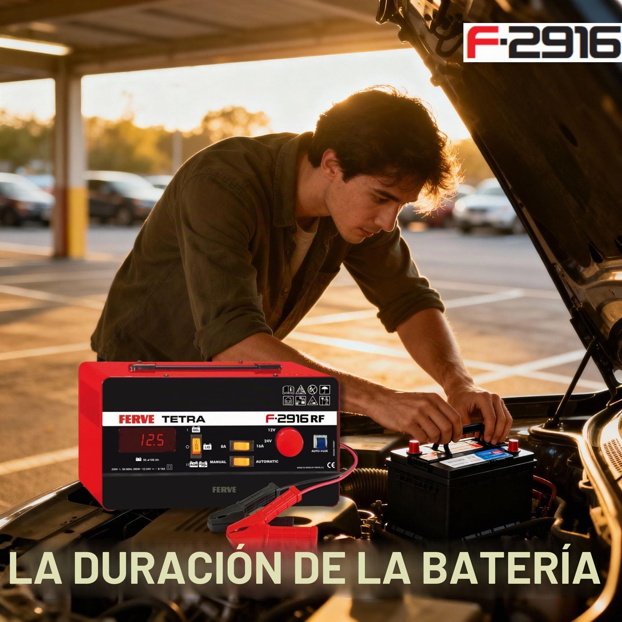 Ferve F-2916 Cargador de Bateria Manual y Automático - Mantenedor Inteligente 8-16A 12/24V - Ideal para Auto, Moto y Camión – Test de Batería y Alternador - Tecnología RF - Para Baterías Plomo-ácido