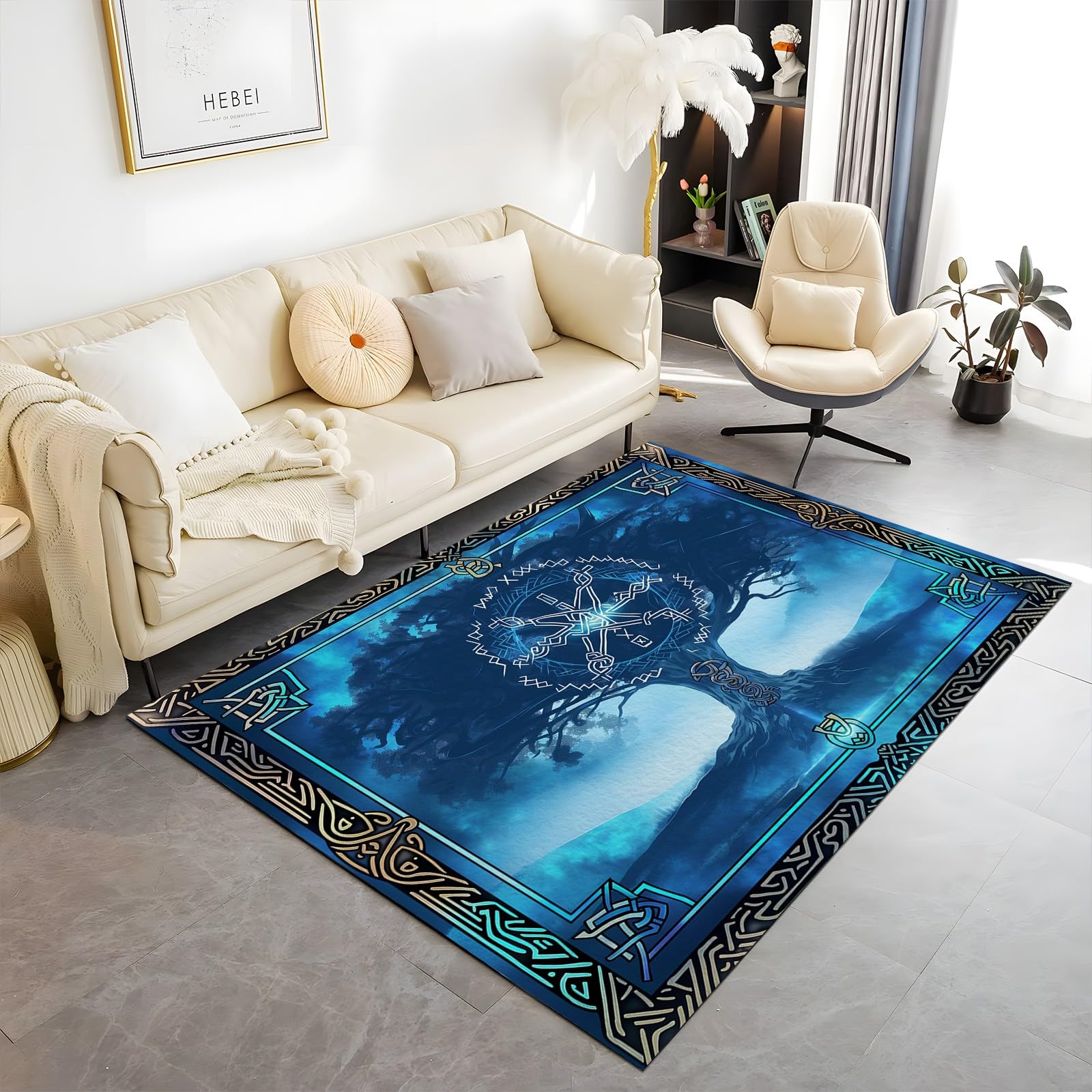 Waschbarer Tarotkarte mit Wikingerrunen Kurzflor Teppich - Weicher, Rutschfester Teppich für Wohnzimmer, Schlafzimmer - Flauschiger, Blauer Lebensbaum Teppiche Gegend, 80cm x 150cm