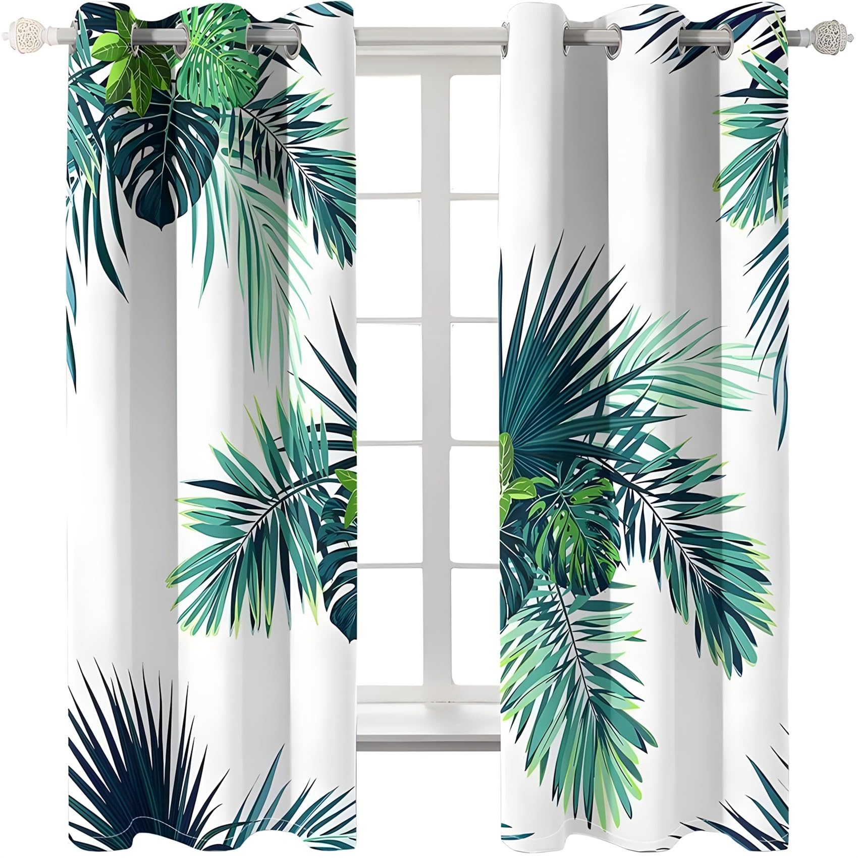 KaiHeBeding Botanical Leaves Blackout Curtains for Bedroom - Tropical Palm Leaves Living Room Curtains 90x90 Eyelet - Soft Thermal Insulated Patterned Drapes for Windows - 2 Panels