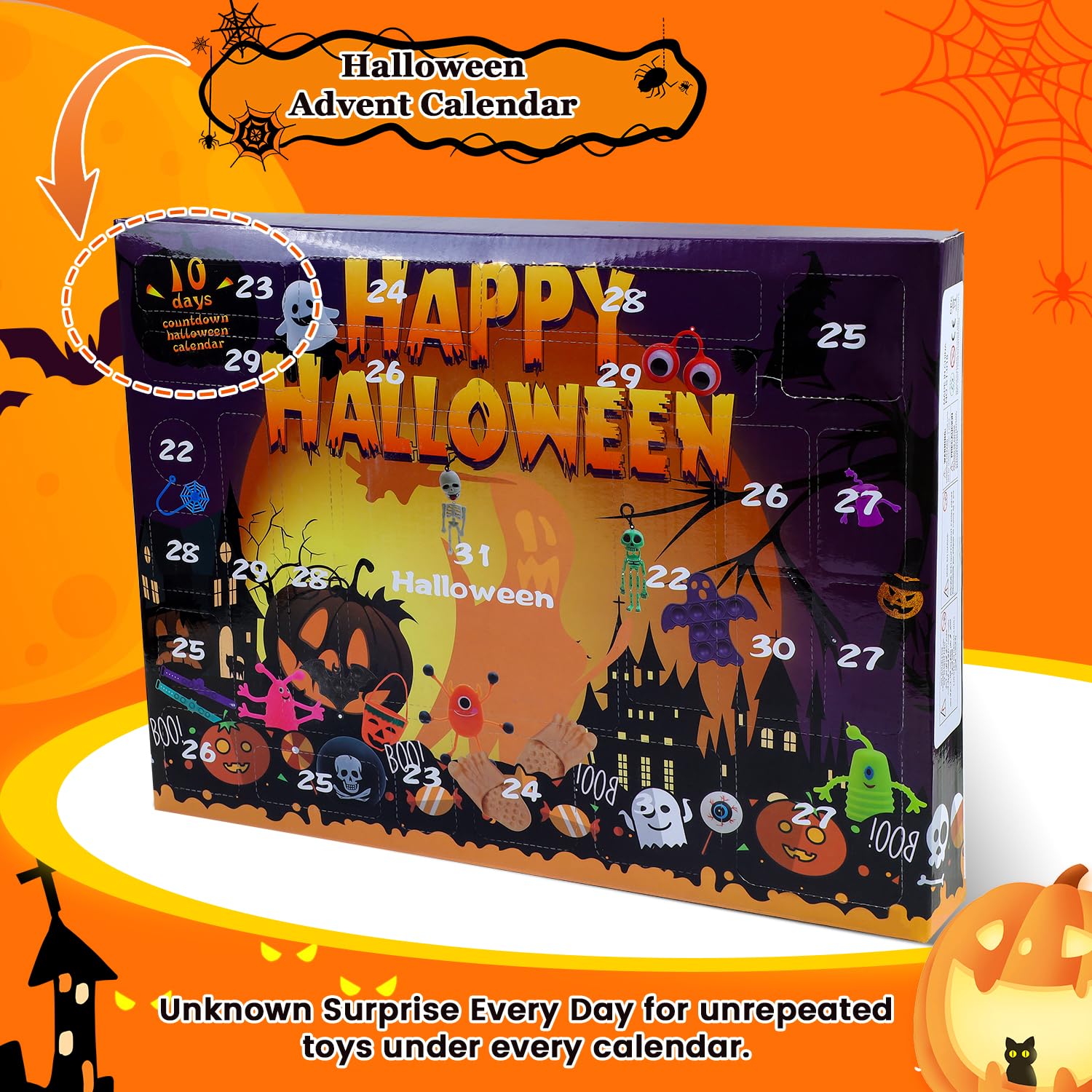 FLYISH DIRECT 34 Piezas Juguetes Halloween Para Niños - Calendario De Adviento, Relleno De Piñatas, Favores De Fiesta - Incluye Pop Its, Pulseras, Coches Y Más