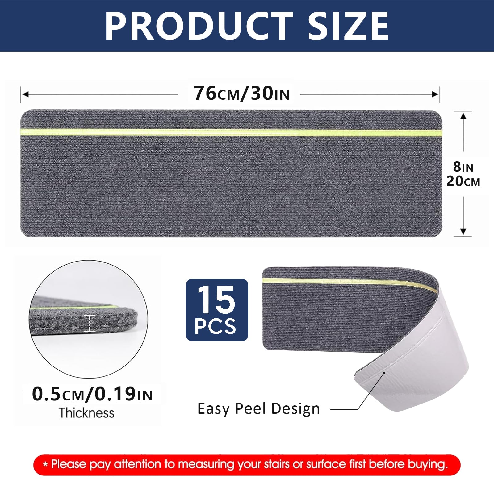 Dywaniki schodowe z efektem Glow in the Dark w paski, 76 x 20 cm – samoprzylepny dywan schodowy z poliestru z tyłu TPE – antypoślizgowe maty na schody do drewnianych stopni, dla dzieci i zwierząt