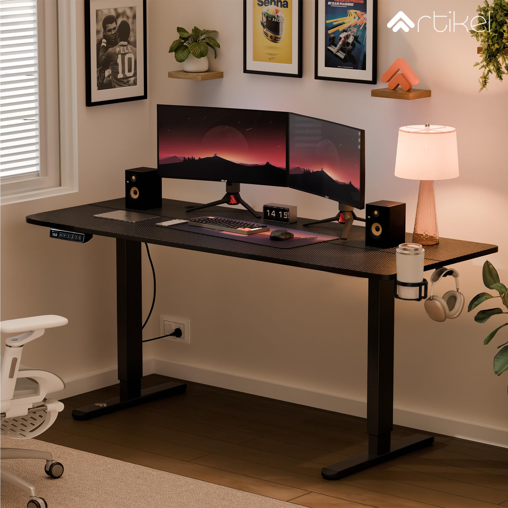 ARTIKEL Artidesk Eco Electric Height Adjustable Table for Office Work & Home-Sit Stand Gaming Desk 80kg Load, Cup Holder, 2 Hooks,Cable Organizer 2Split Tabletop (Black, Eco - 140x60 CM)