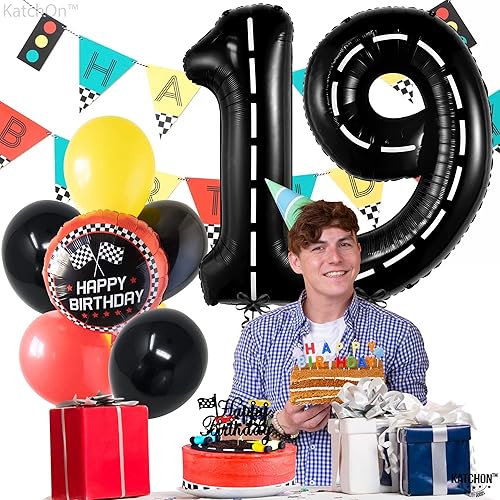 Miniatura 7 de KatchOn, Globo gigante del número 19 de coche de carreras  40 pulgadas  Globo negro de cumpleaños 19  Decoración de cumpleaños de carretera 19