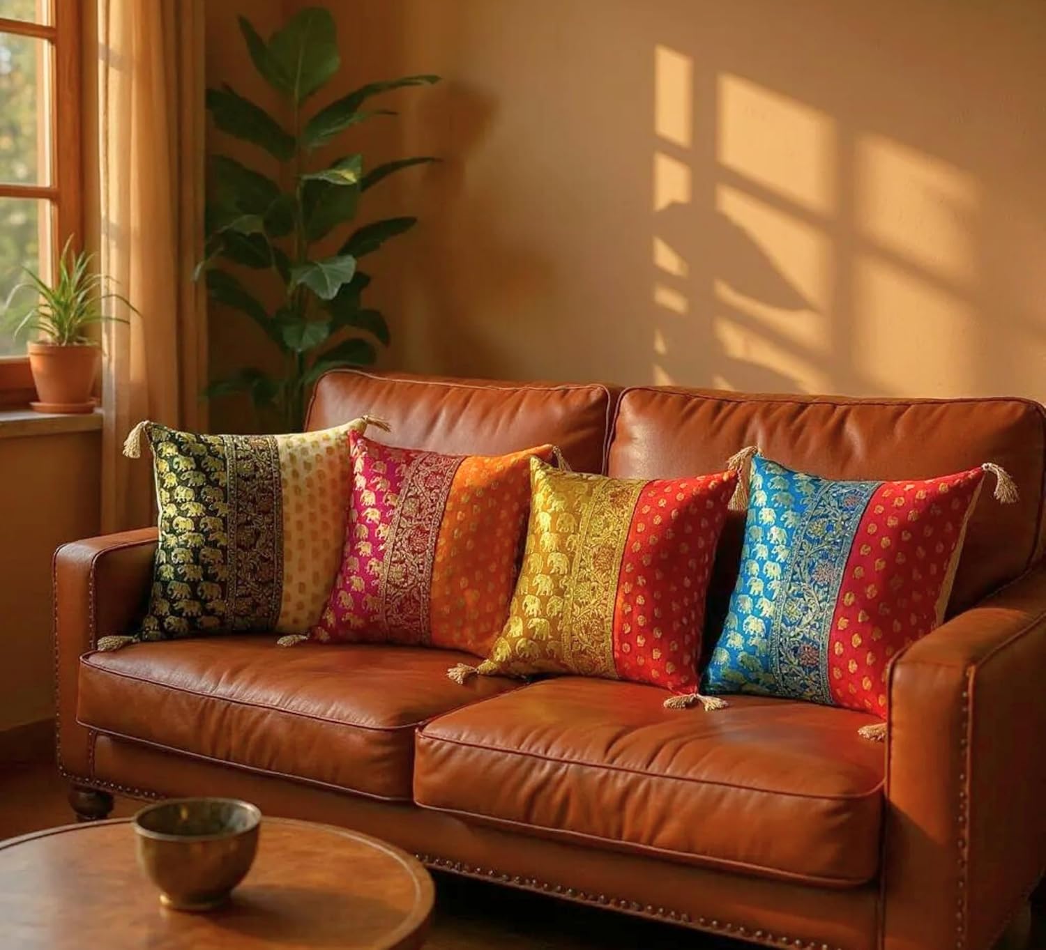 Set Of 4 Pcs Outdoor Christmas Pillow Covers 16x16, Indian Ethnic Silk Throw Pillow Covers For Patio Holiday Outdoor Home Decor Couch Cushion Covers Gift Set (Silk Elephant Stripe (16X16 Inches)
