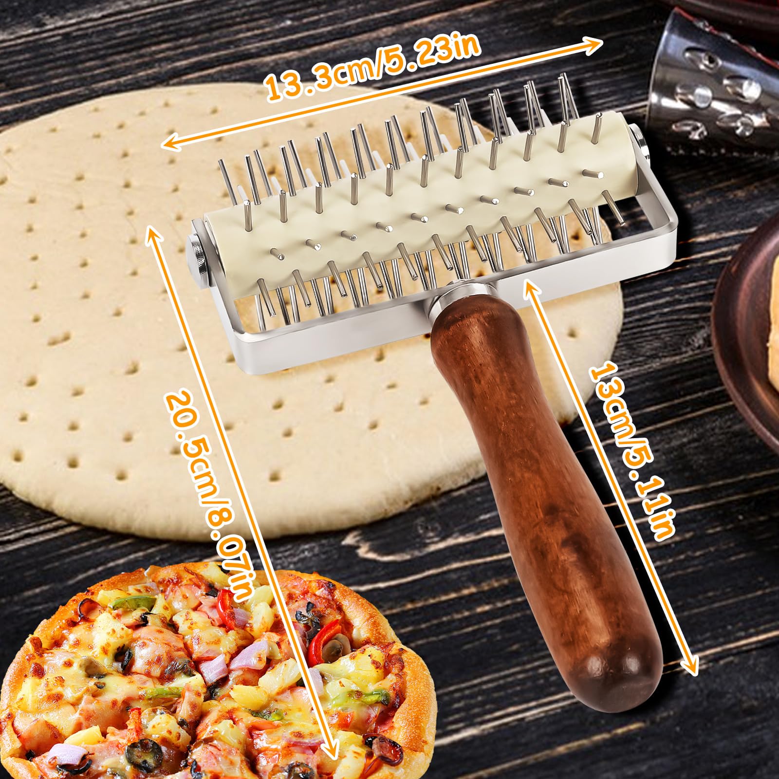 Rullo per Pizza Impasto, Rullo per pizza con punte in Acciaio Enox, Buca Impasto e Pizza, Rullo Bucasfoglia per Pasta, Manico in Legno in Acciaio inox, Domestico Cottura Pasticceria Strumenti