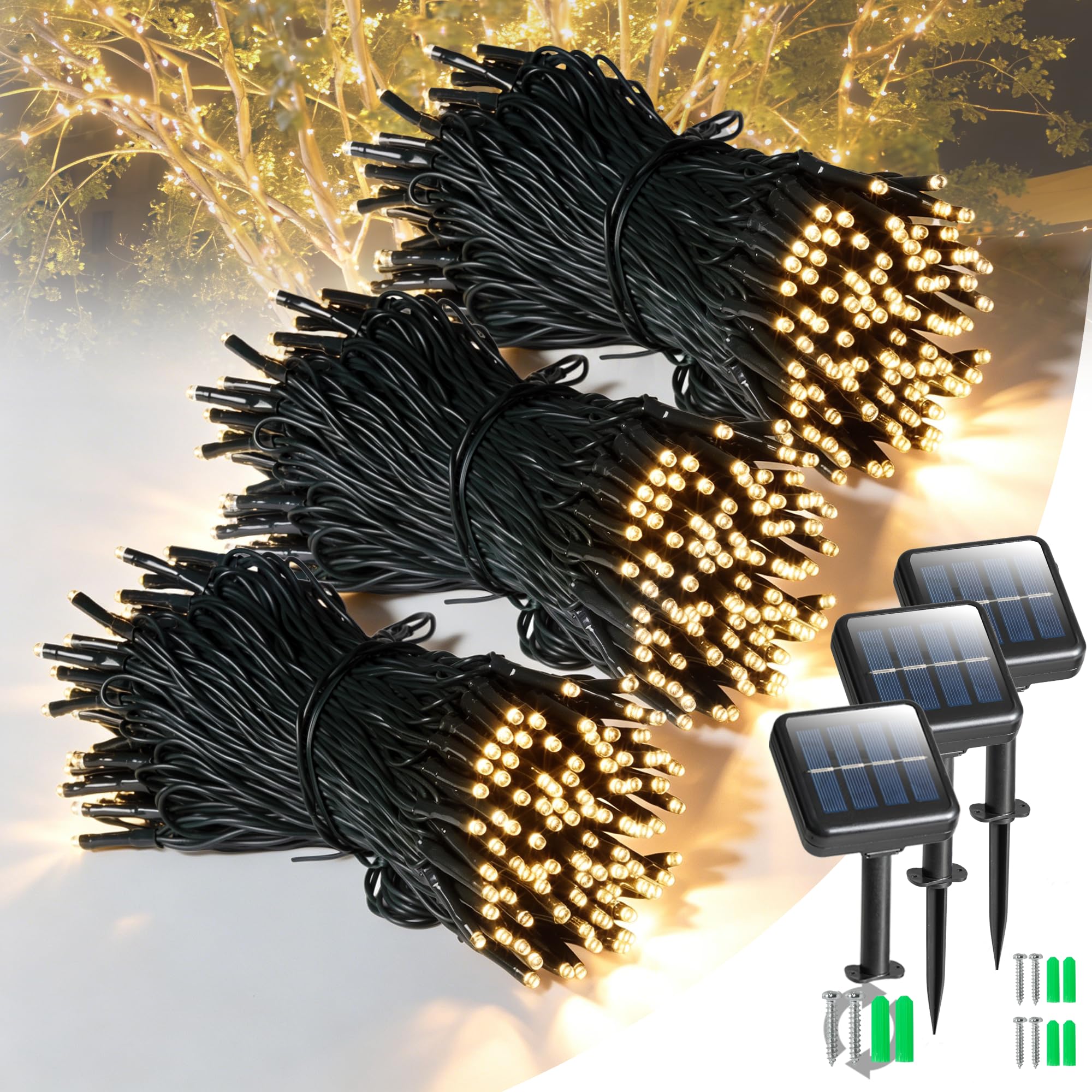 INMKALI 3 Pack Solar Lights Outdoor Garden, Each 18M 180 LED Solar Powered String Lights Waterproof, Fairy Lights 8 Modes, 2 Mounting Ways for Outside Patio Yard Tree Christmas Decorations Gold Color