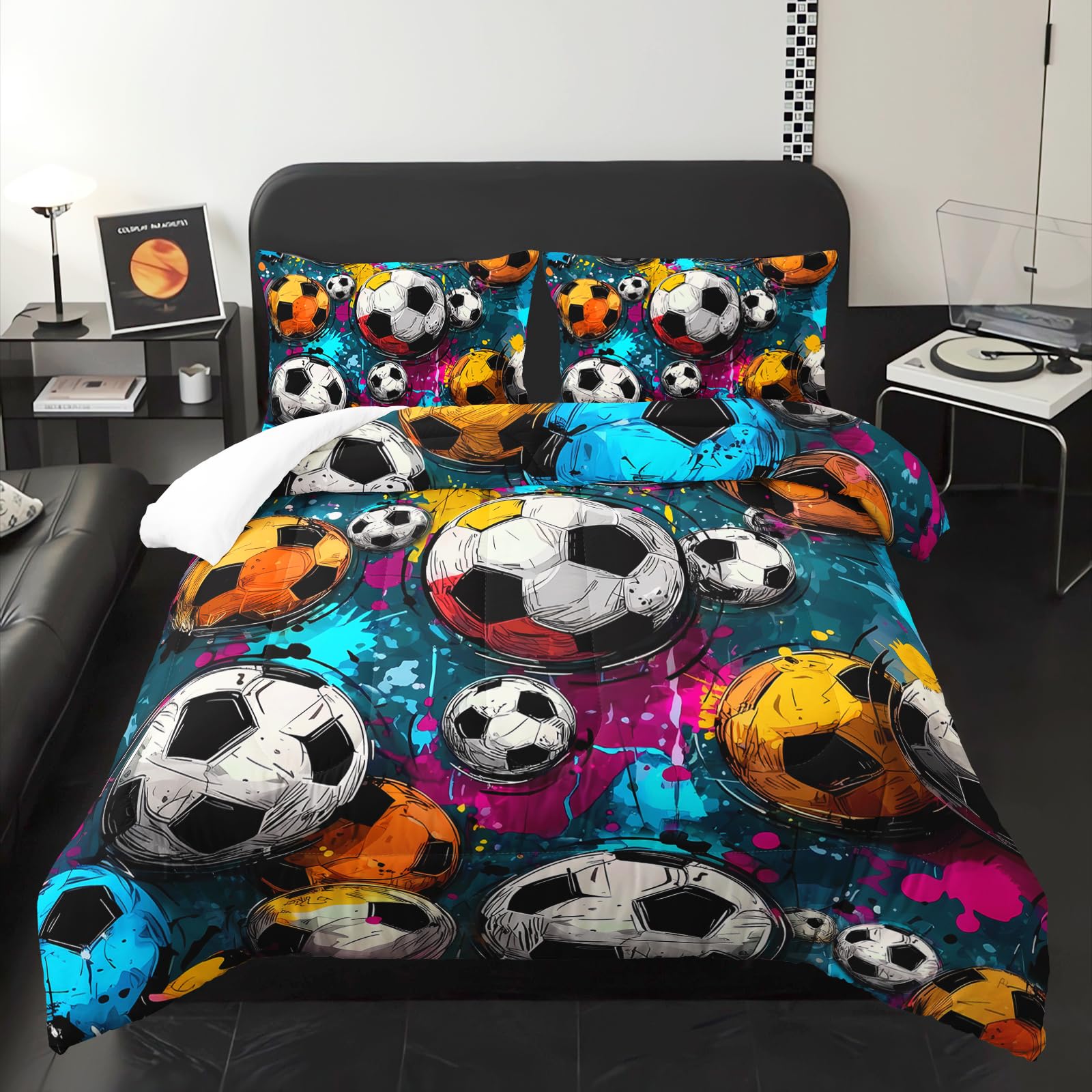 Soccer Comforter Queen Size,Sport Kids Comforter Set,3Pcs Bedding Set Printed Comforter with 2 Pillowcases,Down Alternative,Soft and Lightweight,for All Seasons
