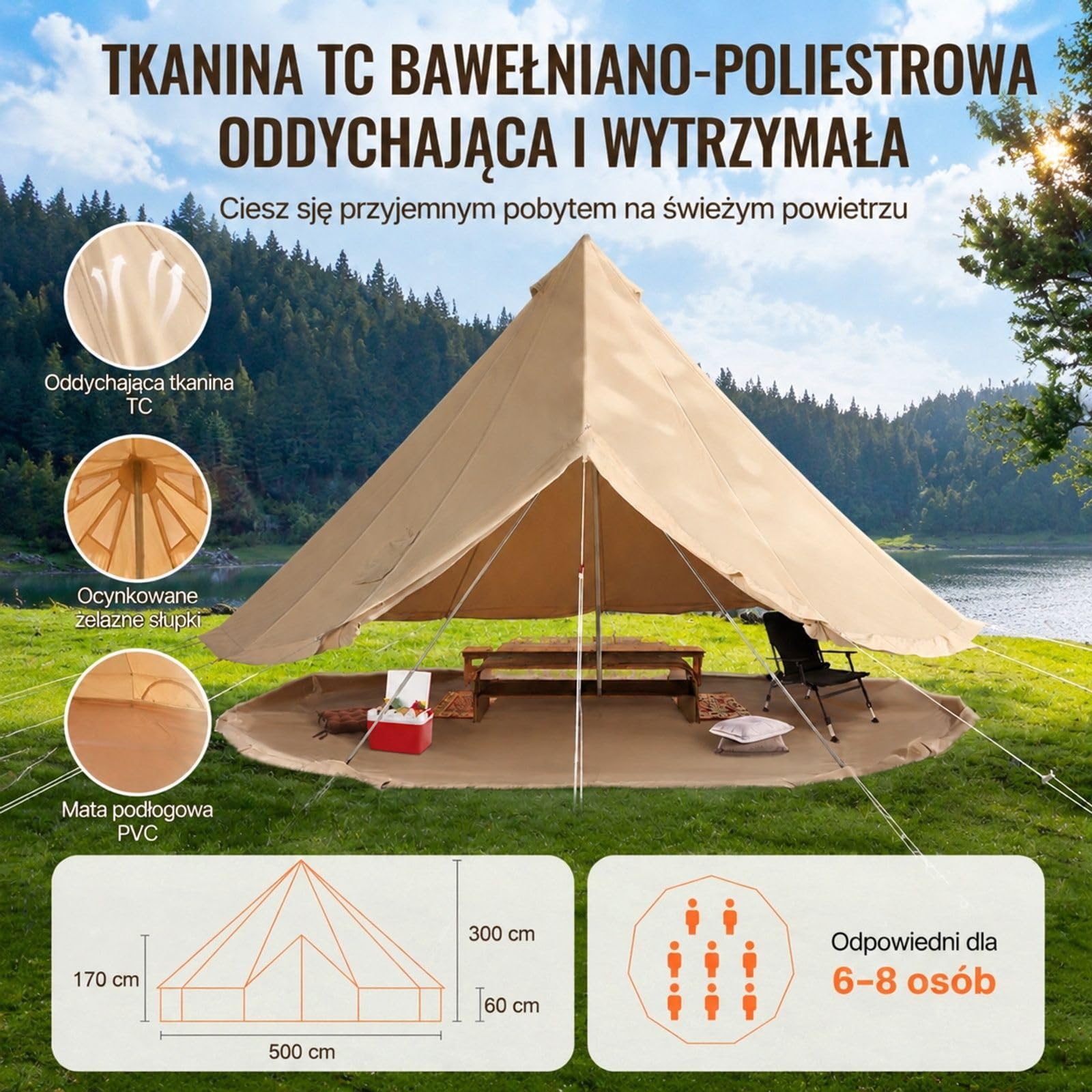 Namiot dzwonowy z bawełny i poliestru do kempingu, namiot jurtowy ze słupkami żelaznymi, podłogą PVC i 8 oknami dla 8 osób