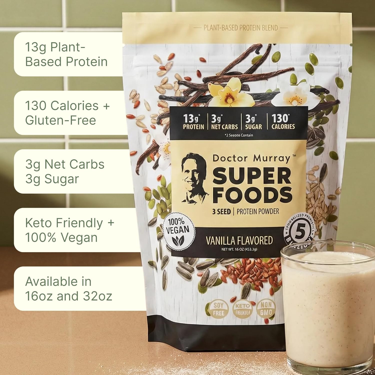 Dr. Murray’s 3 Seed Protein Powder, Pumpkin+Flax+Sunflower, French Vanilla, 2 lb – Vegan, Keto, Non-GMO, Soy & Gluten Free, 30 Servings
