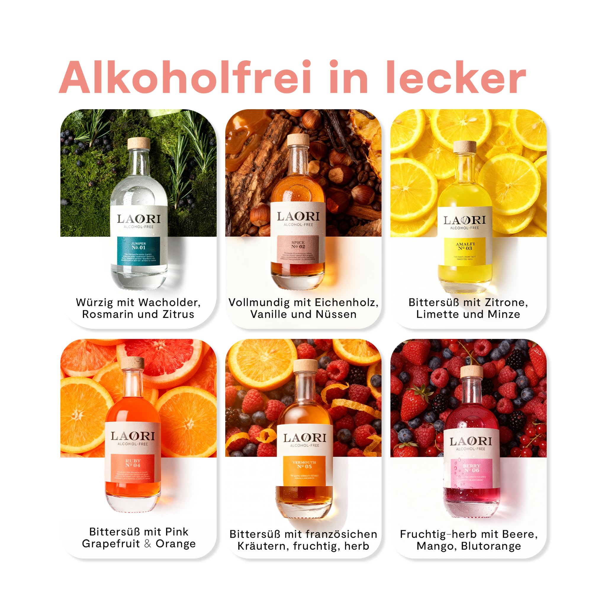 Laori Alkoholfrei Probierset Deluxe [6x 500ml, 1x 750ml] | Großes Probier-Set mit Ruby, Amalfi, Juniper, Spice, Vermouth, Berry & Sparkling White | Premium alkoholfreie Aperitifs & Sekt zum Entdecken