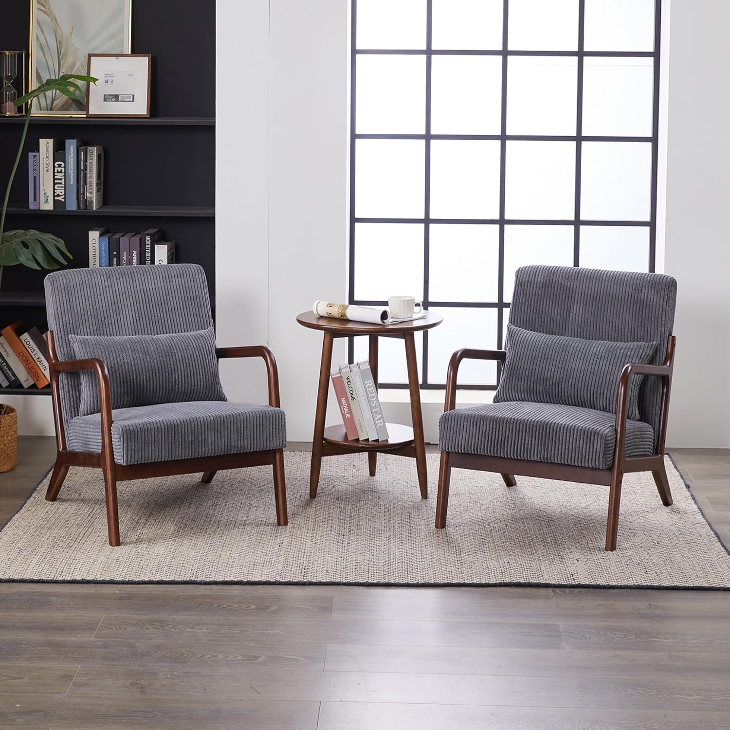 Corduroy Accent Chair, Set of 2 Mid Century Modern Armchair with Soft Cushion, Wingback Lounge Chair with Solid Wood Frame for Bedroom, Living Room, Reading Room (Walnut Color&Dark Grey)