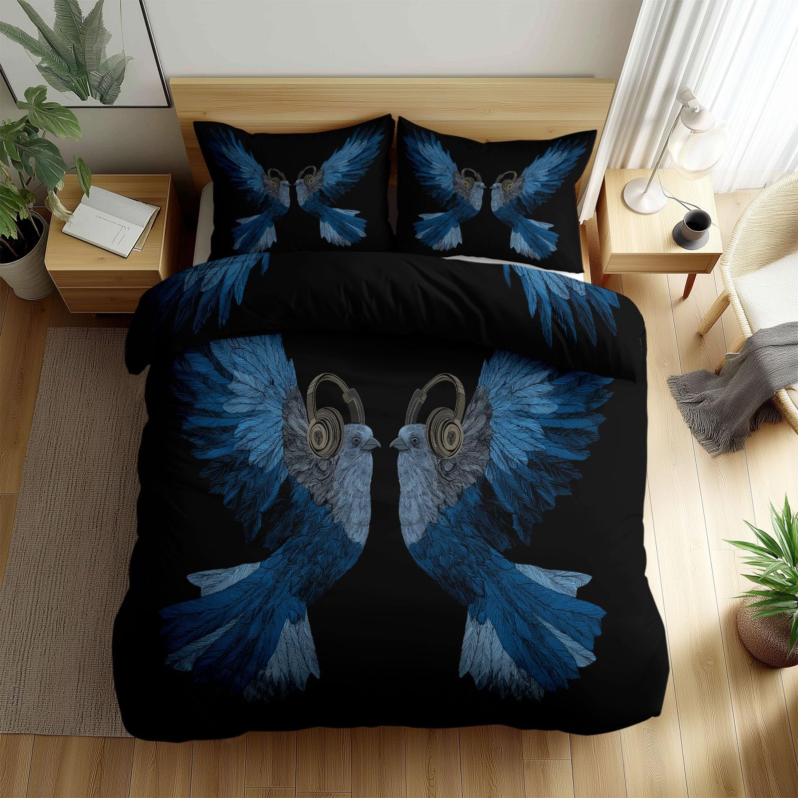 Parure de lit noir motif viking et hibou bleu pour décorer une chambre de fille ou garçon