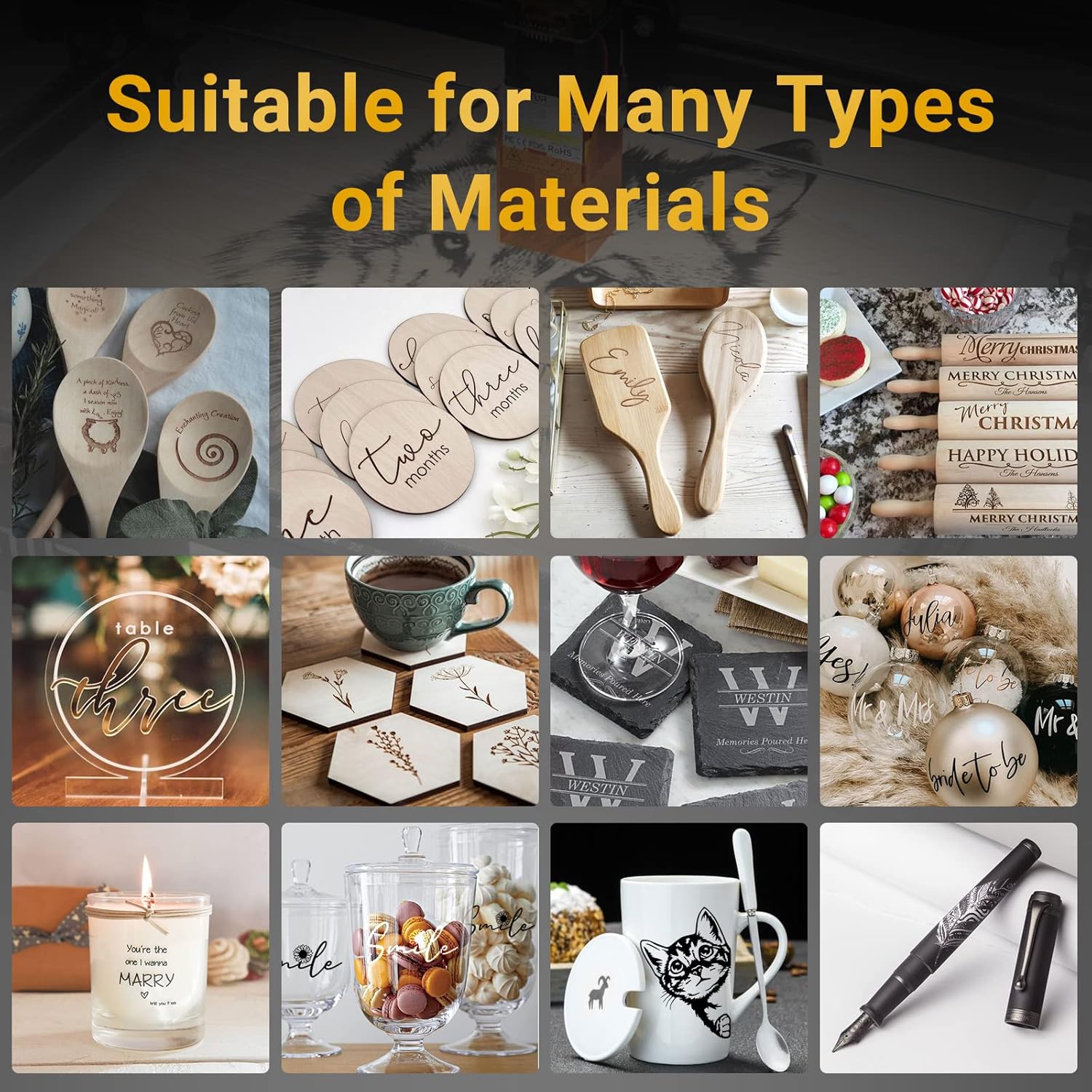 A collage of various materials and engraved items, including wooden spoons, coasters, slate, and metal, demonstrating the versatility of the laser engraver.