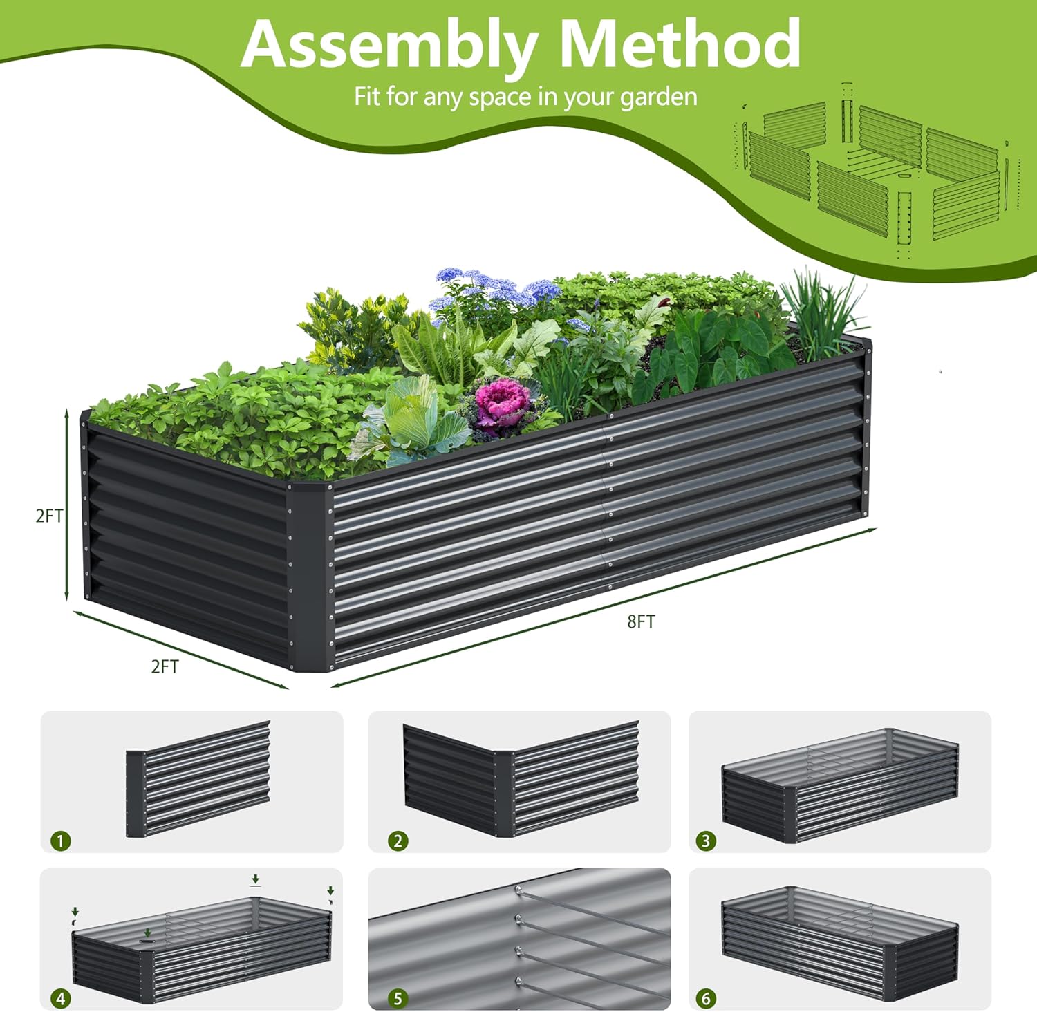 8x2x2FT Galvanized Raised Garden Bed,Galvanized Planter Boxes Outdoor, Large Metal Raised Garden Beds for Vegetables-Grey