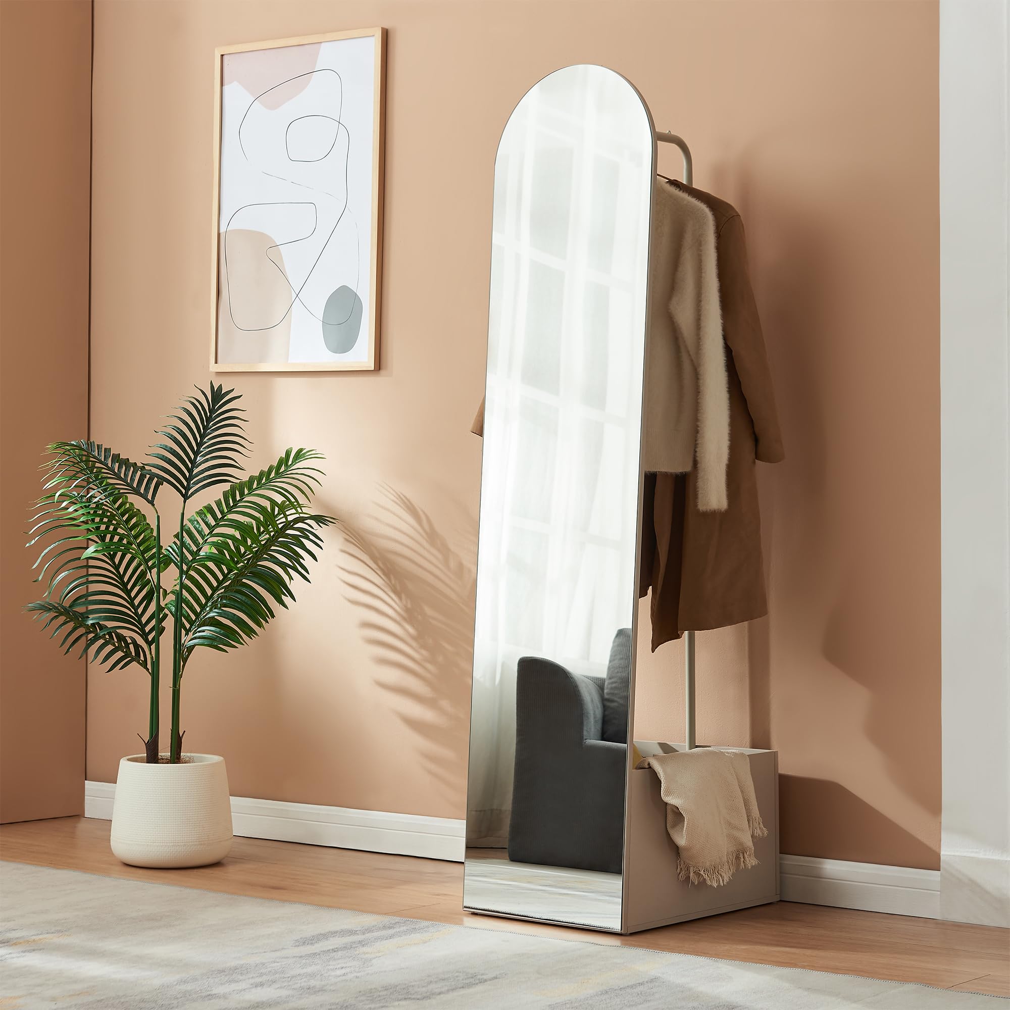 [en.casa] Specchio a Figura Intera con Stand Barra Appendiabiti Specchio Ovale da Terra Vano Porta Oggetti Vestiti Cappotti per Ingresso Camera da Letto Guardaroba 165x40x51 cm - Avena Oatmeal