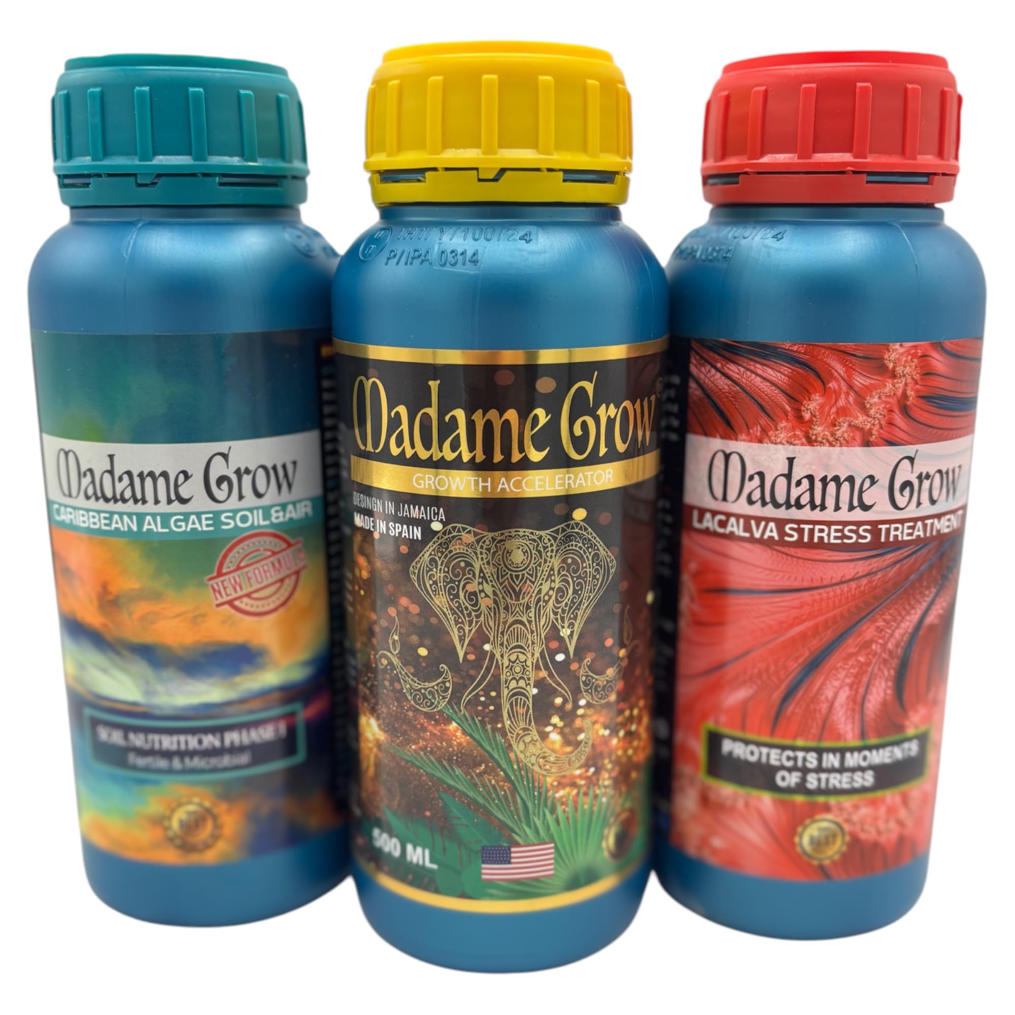 MADAME GROW Savanna Kit 3 x 500 ml, Acceleratore + Lacalva + Caribbean, Fertilizzante per piante, Concime per piante, Fertilizzante per alghe, Concime per fioritura, Nutrizione ed energia