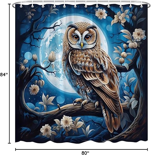 Miniatura 8 de BCNEW Cortina de ducha con diseño de búho, luna llena, vida silvestre, azul marino, fantasía, flores estrelladas, bosque brumoso, escena de