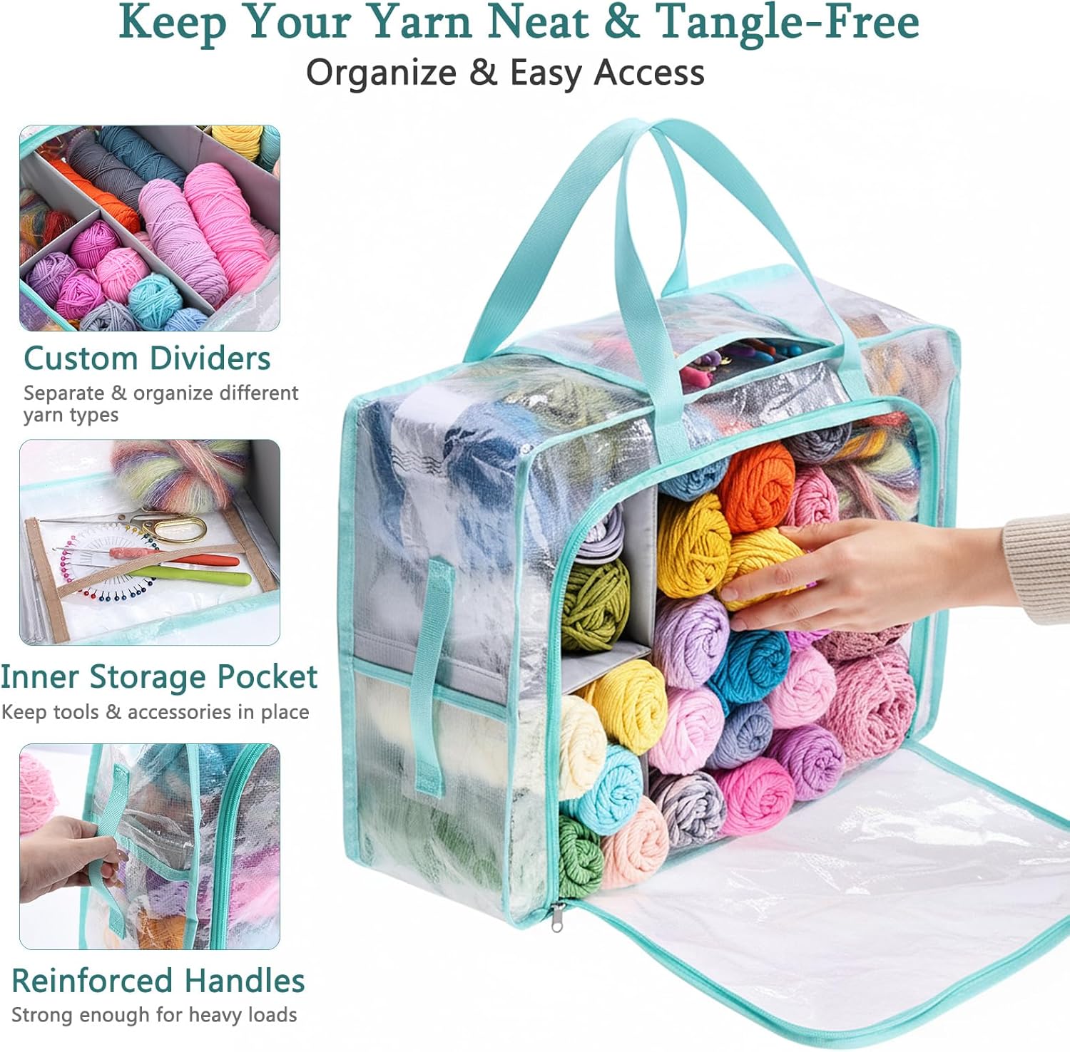 MYBAGZING Clear Yarn Storage Bags, 21" Large Flat Under Bed Yarn Organizer with Zipper & Handles, Stackable Knitting and Crochet Storage for Closet Shelves, Craft Room, Yarn Skeins, Hooks & Needles