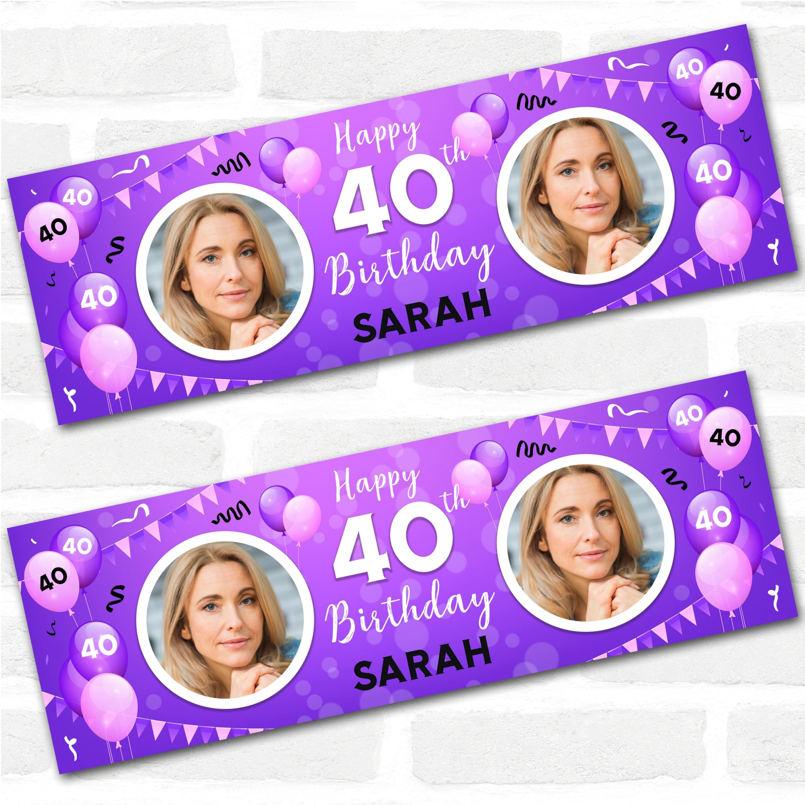 Personalised Party Banner For 40th Birthday With Photo Female Purple Balloons | Custom Large Party Decoration, Event Banner, Backdrop, Décor, Signage. 3 ft x 1 ft | 4.5 ft x 1.5 ft | 6 ft x 2 ft