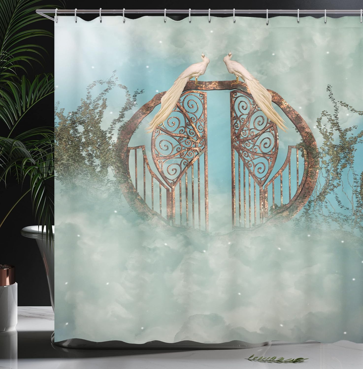 Ambesonne Fantasy Shower Curtain, Heaven Like Scene of an Old Gate Greenery Birds Stars and Misty Weather in The Sky Art Illustration, Cloth Fabric Bathroom Set with Hooks, 69" W x 70" L, Turquoise