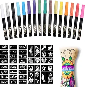 Marcadores temporários de tatuagem para pele, 16 marcadores corporais + 77 estênceis de tatuagem grandes de cores sortidas para crianças e adultos, ponta de pincel flexível, cores brilhantes, seguro para a pele*, grau cosmético.