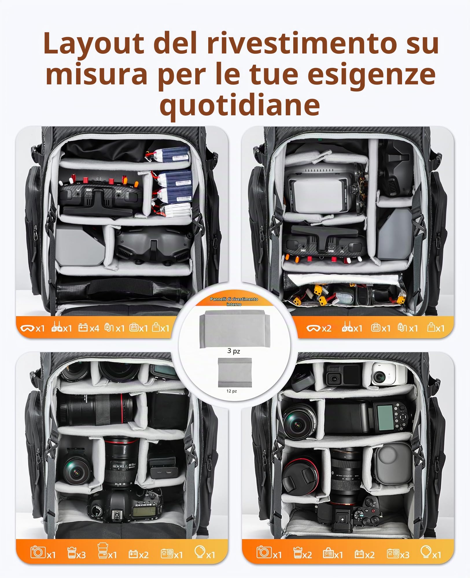 Zaino FPV da 40 pollici per fotografia di avventura all'aria aperta, sistema di trasporto ergonomico, resistente all'acqua e all'usura, grande capacità con scomparto per laptop da 16 pollici
