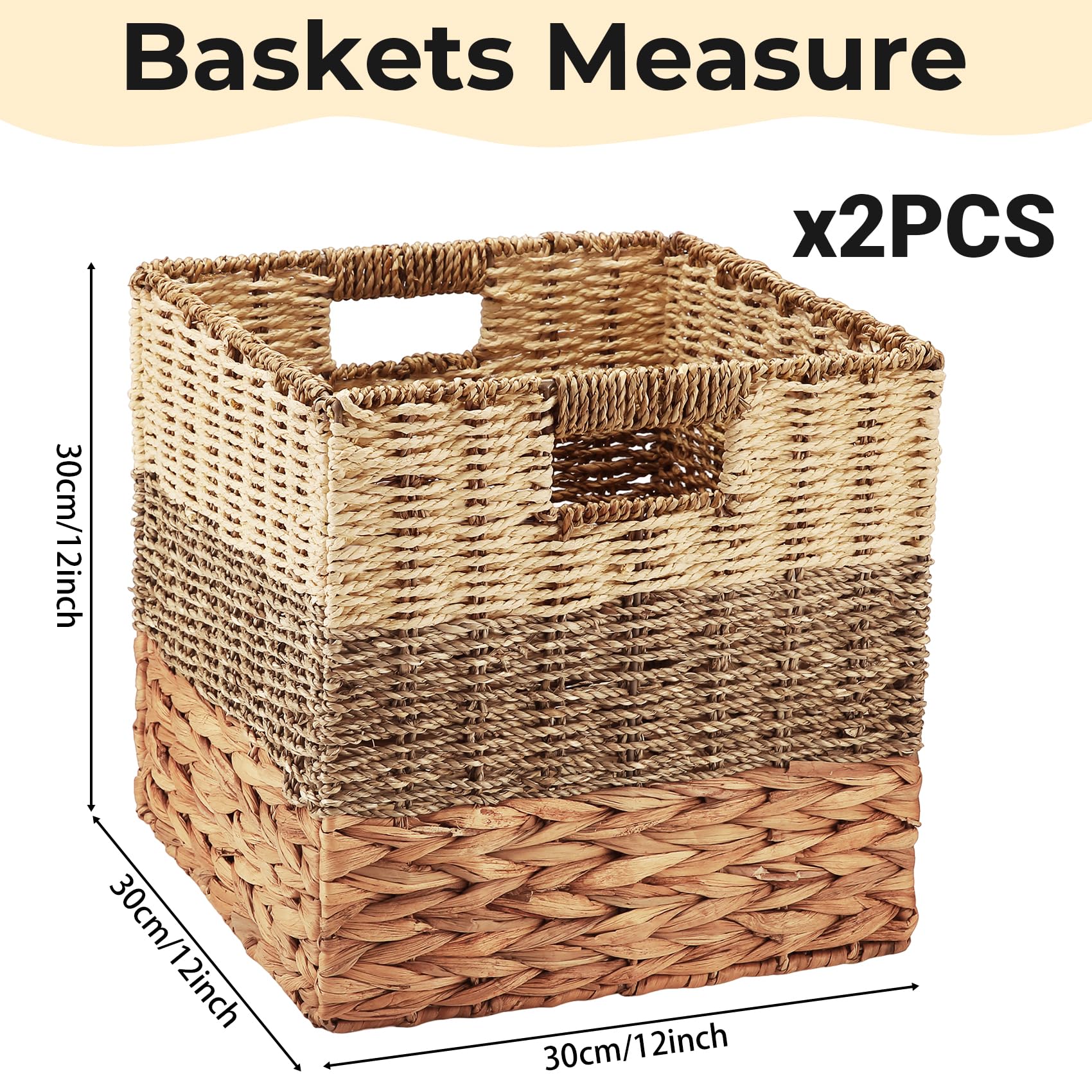 Juego de 2 cestas de almacenamiento tejidas a mano para estantes, cestas de almacenamiento plegables con asas, cestas de mimbre pequeñas de 30 cm para organizar despensa dormitorio